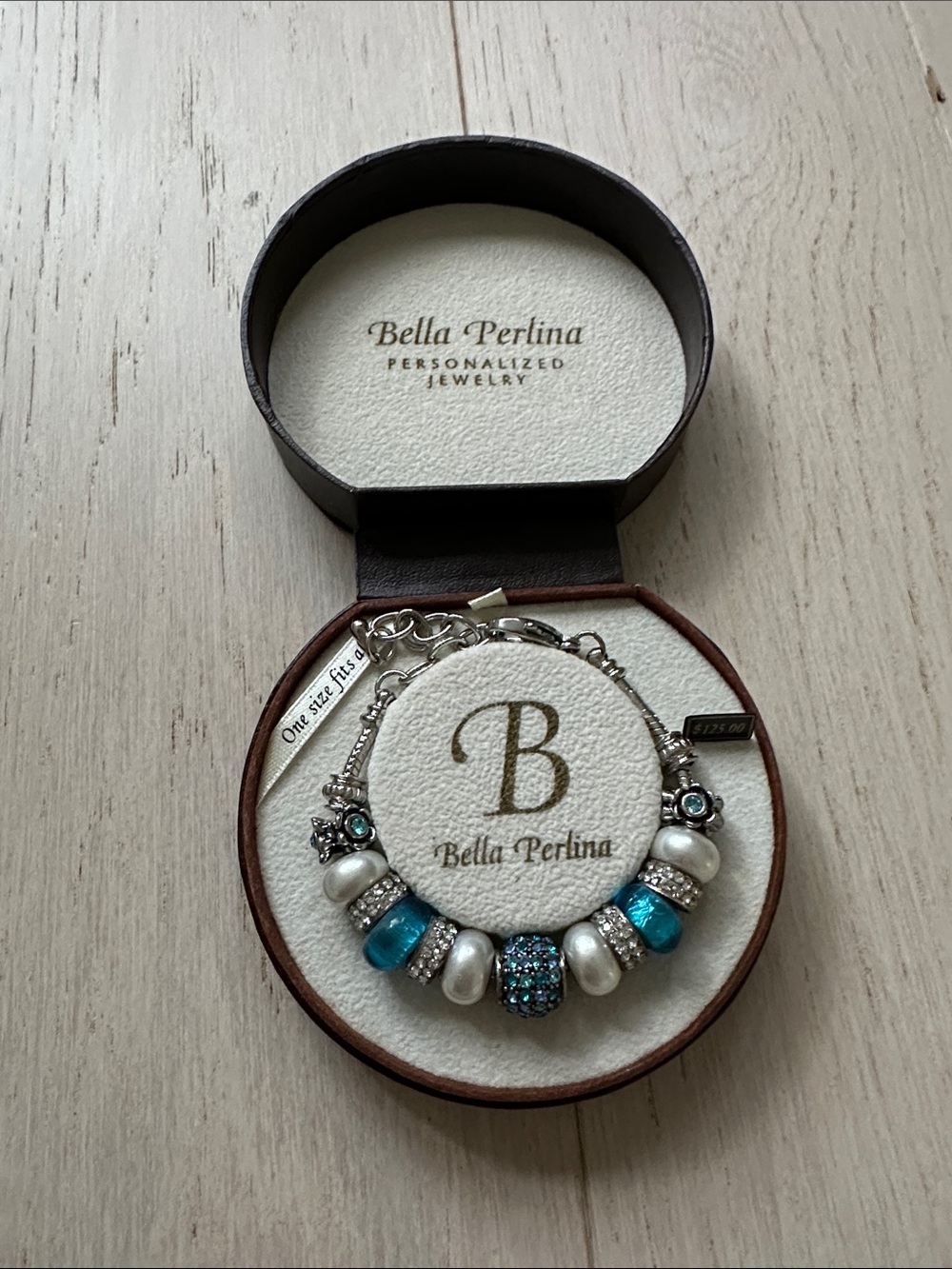 Bella Perlina Turquoise Blue and White Pearl Charm Bracelet